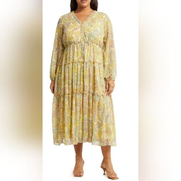 NWT TAYLOR DRESS Paisley Long Sleeve Tiered Dress In Yellow Size 14 - Picture 4 of 6